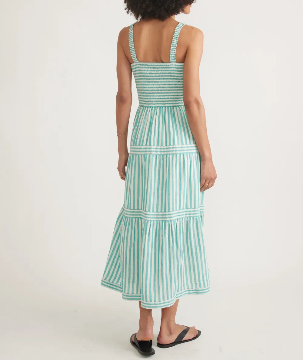 Turquoise Striped Tiered Midi Dress