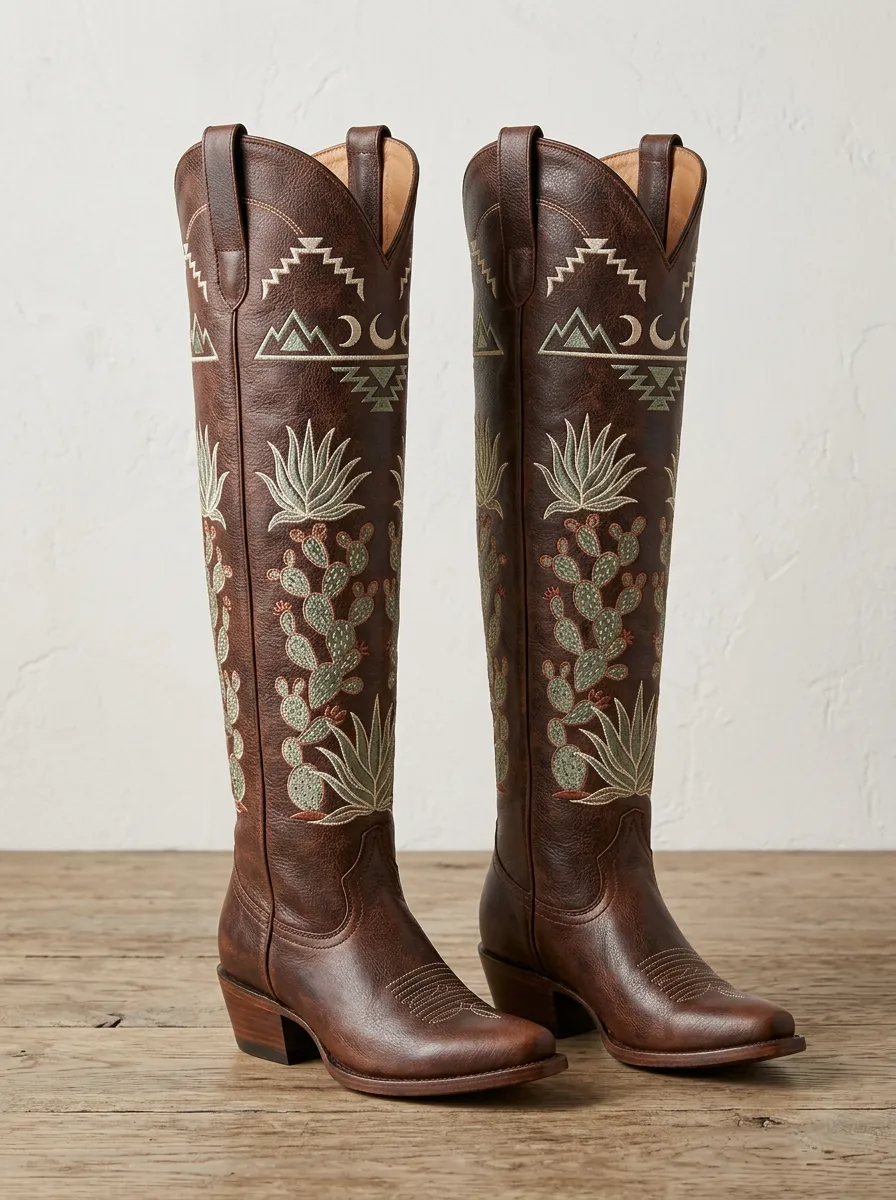Women's Western Cactus Geometric Embroidered Stacked-Heel Mountain Denim Over-the-Knee Boots