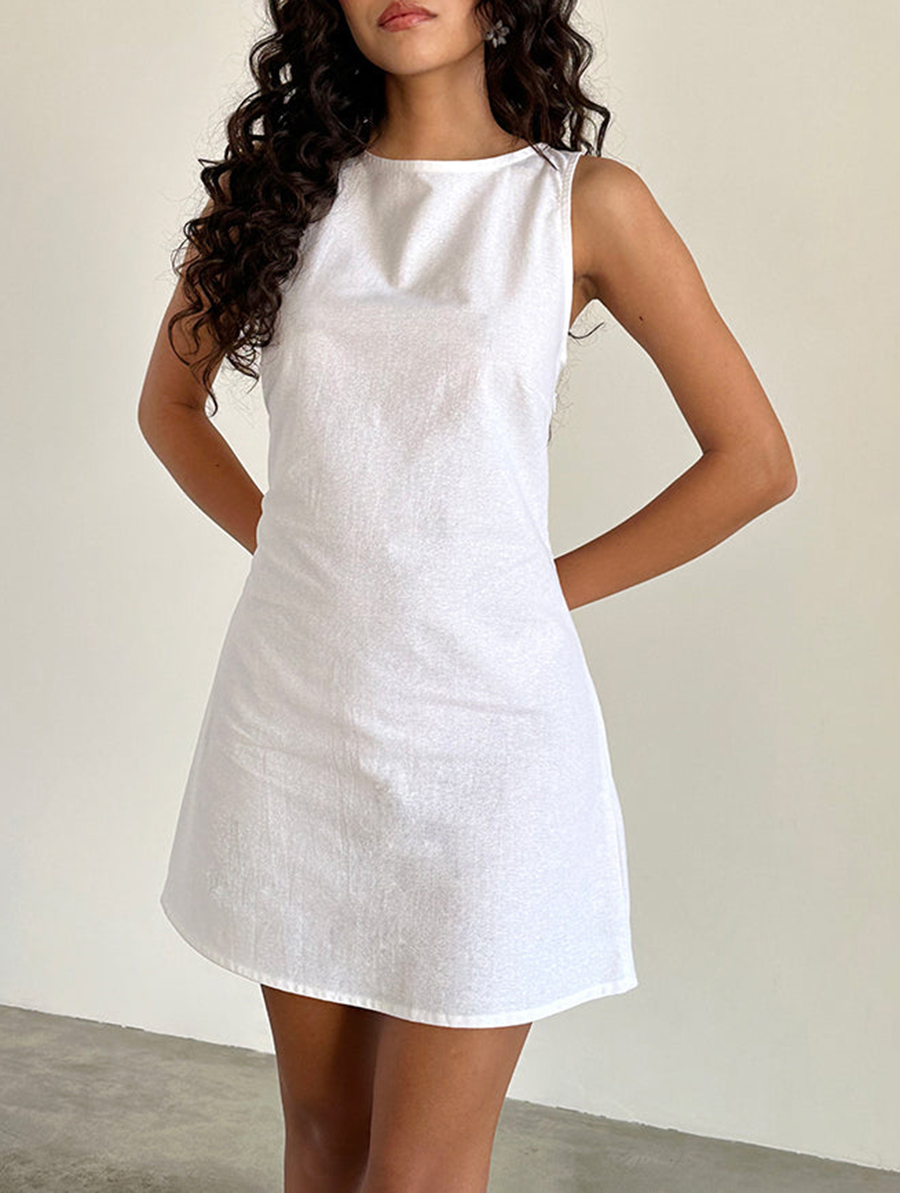 Open Back Mini Dress In Off White Linen