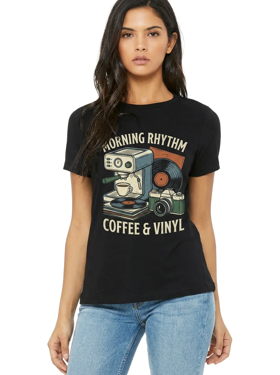 Women's Coffee Vinyl Camera Morning Rhythm Graphic T-Shirt