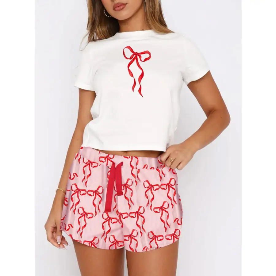 Printed Round Neck Short Sleeve Top and Drawstring Shorts Set