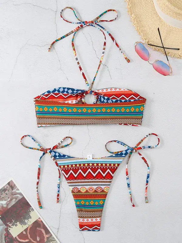 Halterneck Lace Up Adjustable Briefs Printed Swim Set