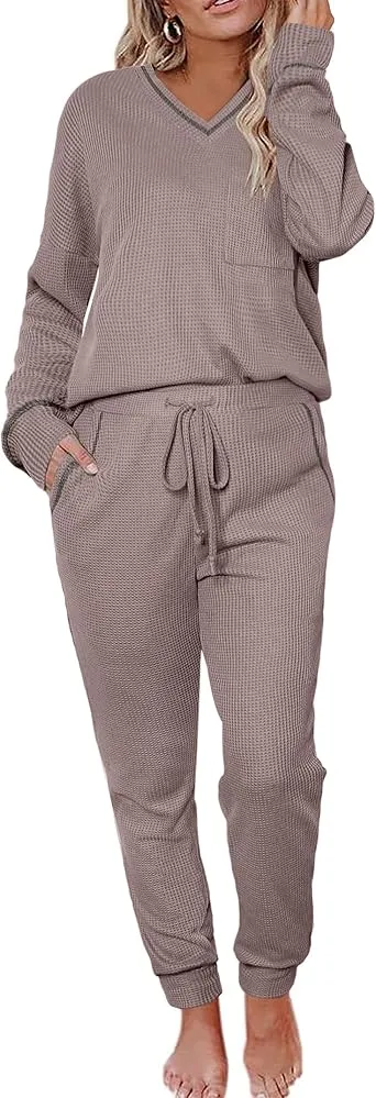 Women's Long Sleeve Knit Loungewear Set Jogger Pants Outfit