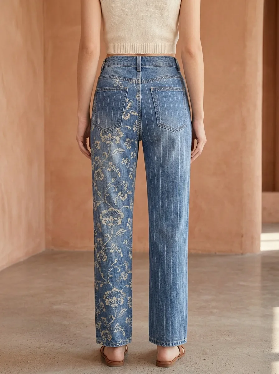 Women's Floral Pinstripe Mixed Pattern Printed Jeans