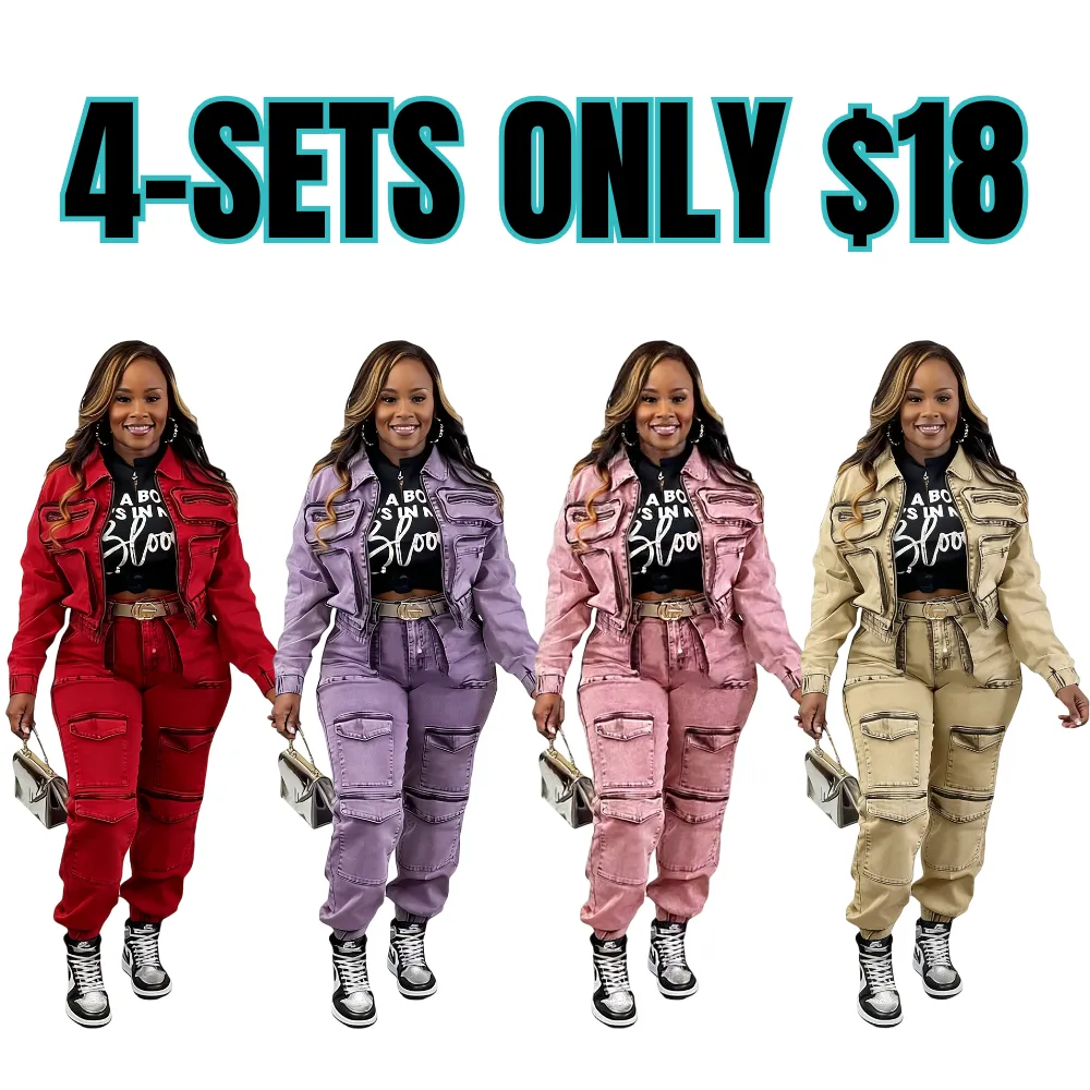 Two-Piece Women's Fashion Sexy High Elastic Multi-Pocket Washed Denim Casual Set