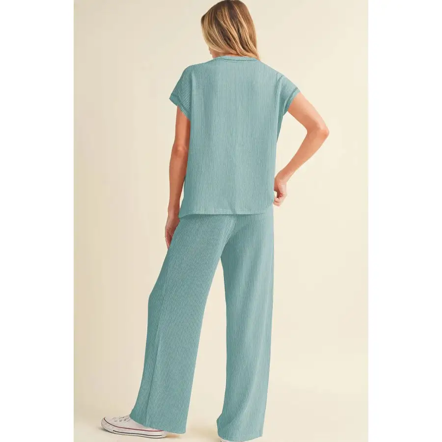Solid Corded Short Sleeve Top and Casual Pants Set