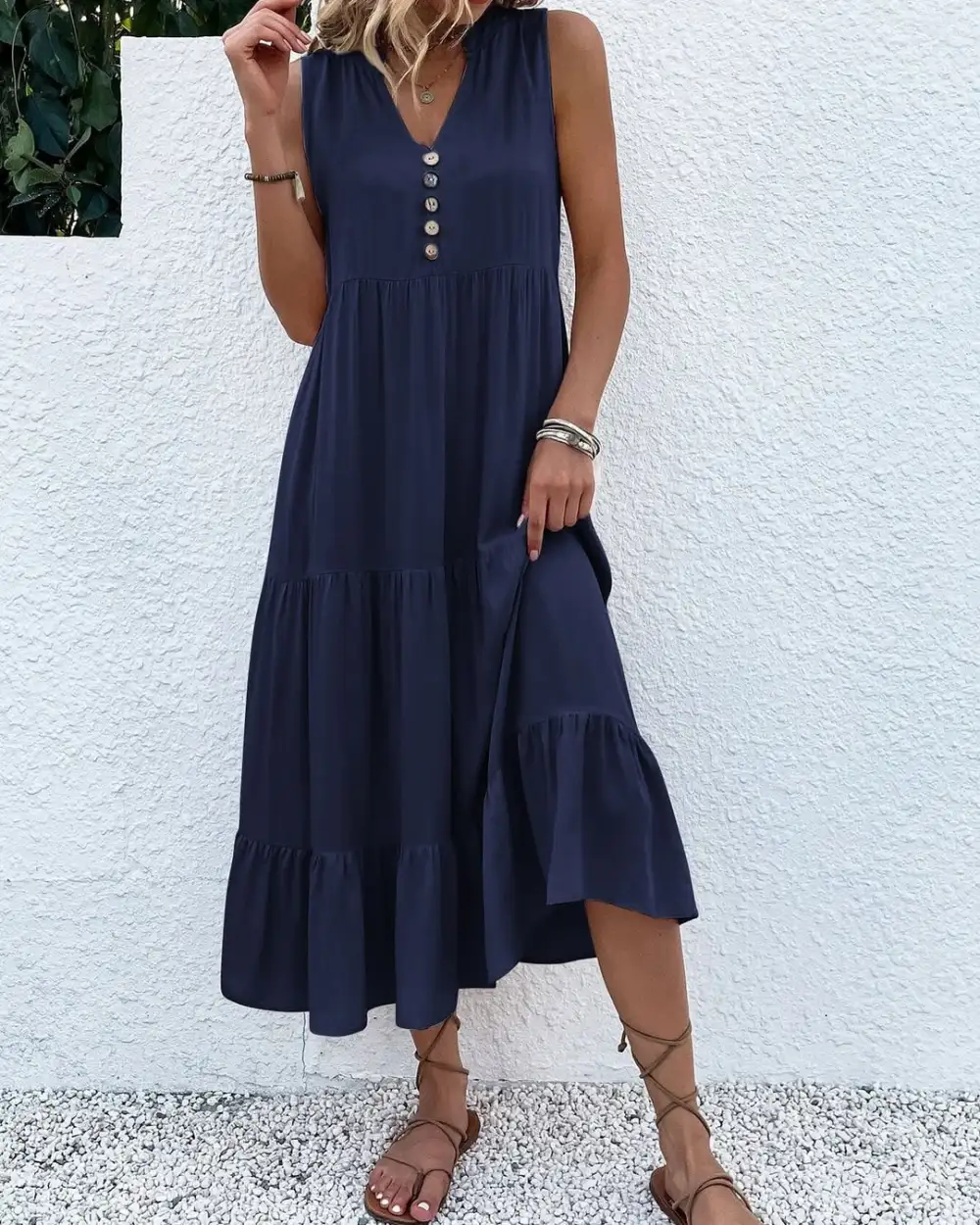 12PACK-Contrast Color Cotton And Linen Casual Dress