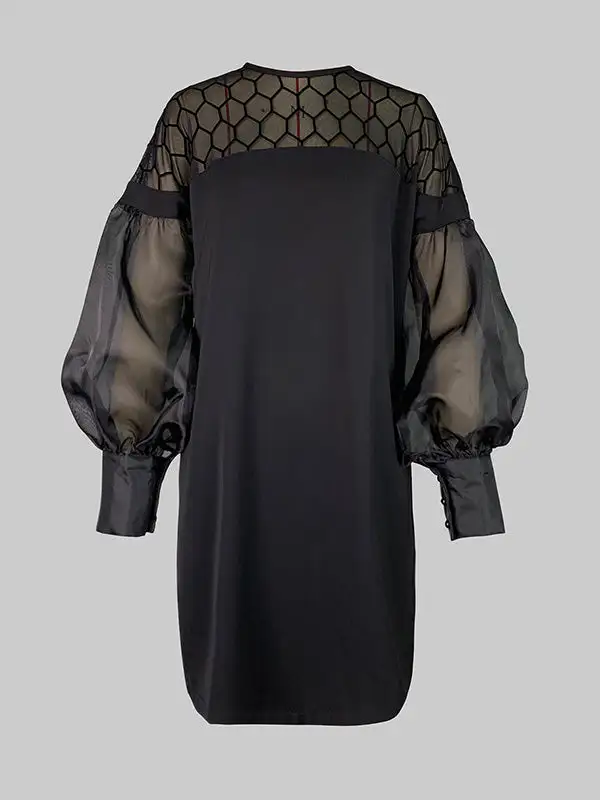 Refined Long Sleeve Relaxed Hollow Solid Color Split Joint Round Neck Mini