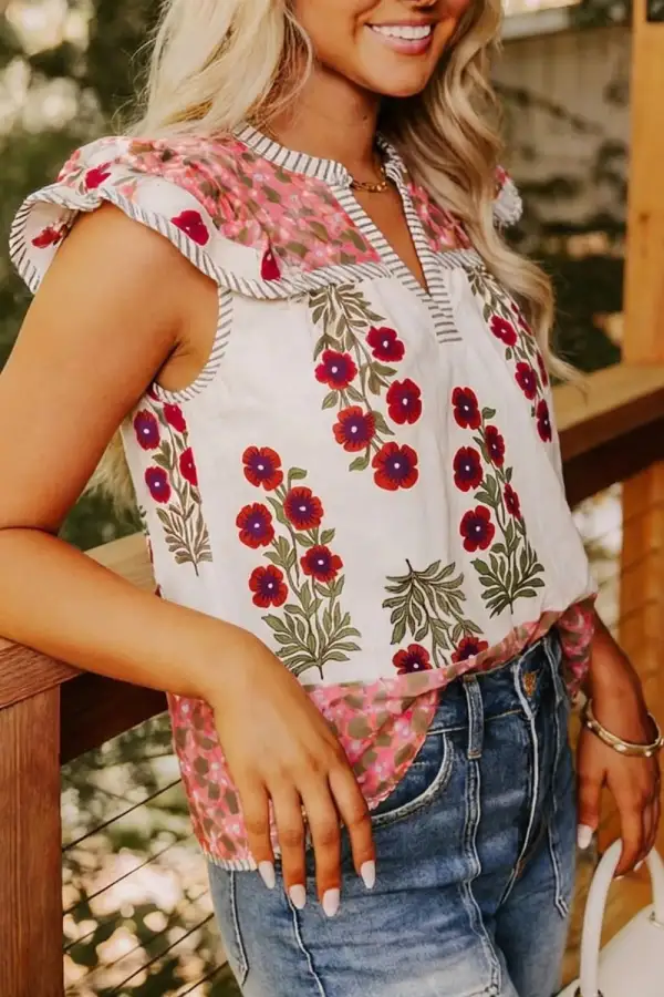 Floral Print Contrast Striped Trim Flutter Cotton