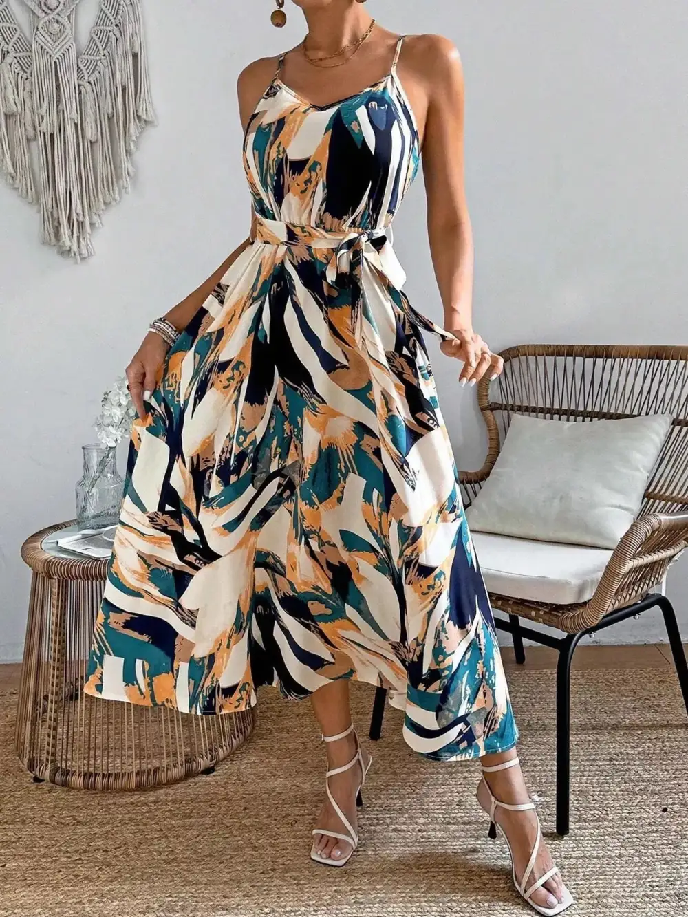 Abstract Print Tie Waist Dress