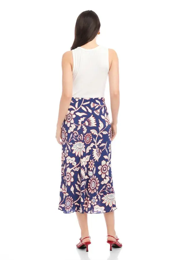 Women's Blue Floral Print Bias Cut Midi Skirt
