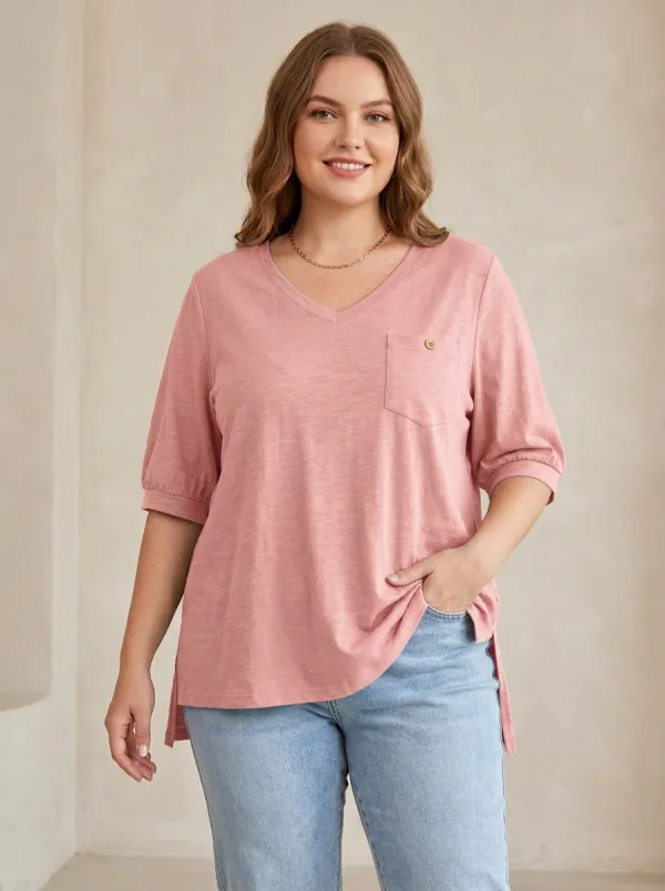 Women's Plus Size Olive Green V-Neck Pocket Tee