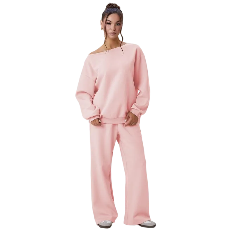 Women's Leisure Solid Color Sloping Shoulder Long Sleeve Top & Wide Leg Trousers