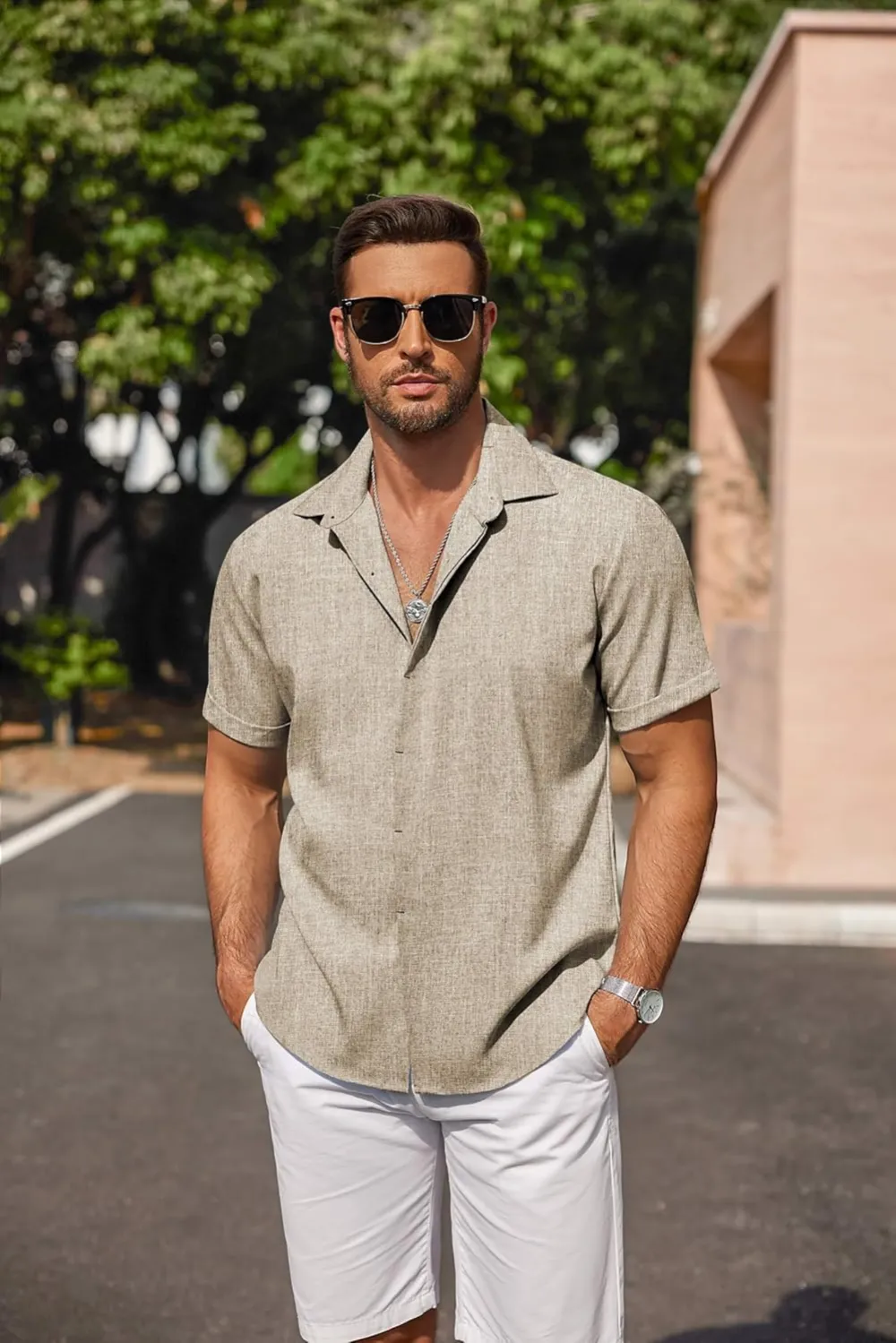 Men's Linen Shirts Short Sleeve Casual Shirts Button Down Shirt for Men Beach Summer Wedding Shirt
