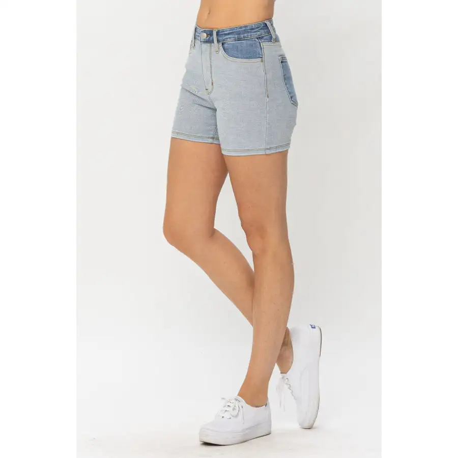 Full Size Color Block Denim Shorts