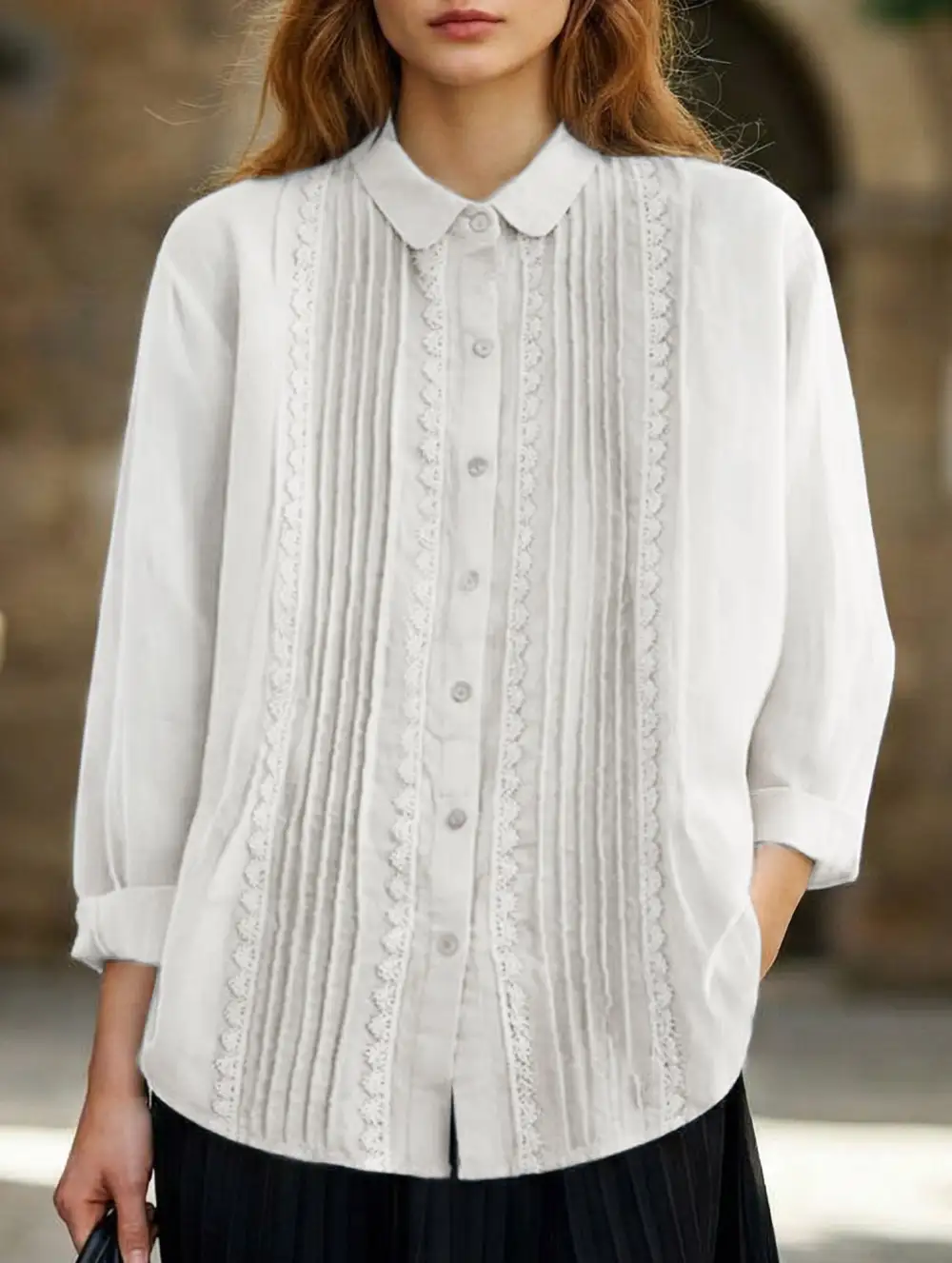 Literary Style Loose Lace Trimmed Shirt