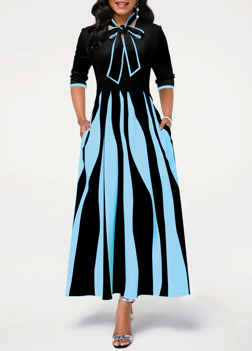 Geometric Print Pocket Tie Collar Maxi Dress