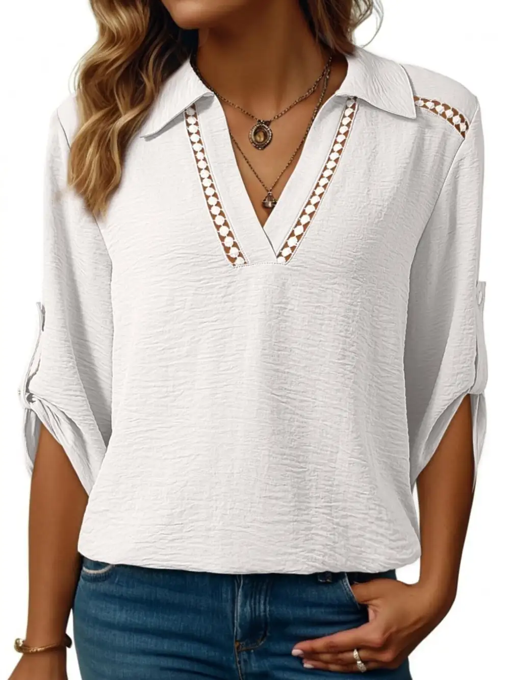 Collar Roll Up Sleeve Blouse