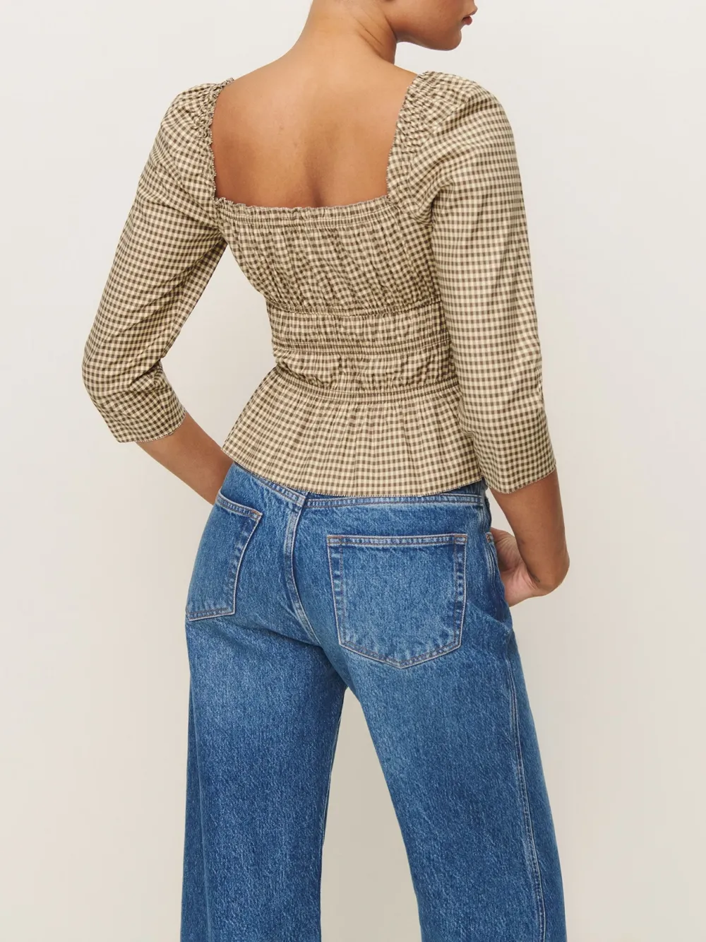 Ruched Square Neck Three Quarter Sleeve Blouse