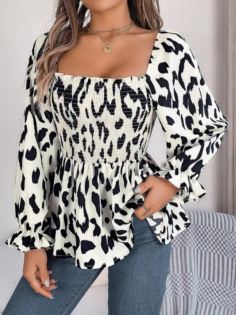 Long Sleeve Puff Sleeve Leopard Pleat Detail Ruffle Square Neck T-Shirt