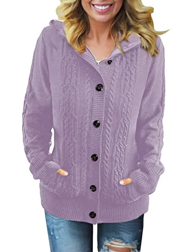 Women Hooded Knit Cardigans Button Cable Sweater Coat