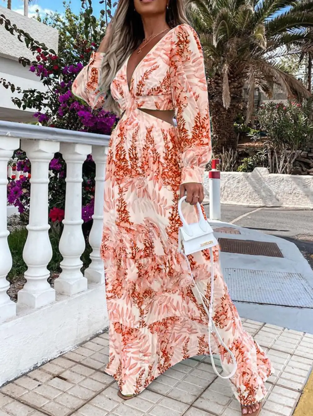 Long Printed V-Neck Long-Sleeved Dress