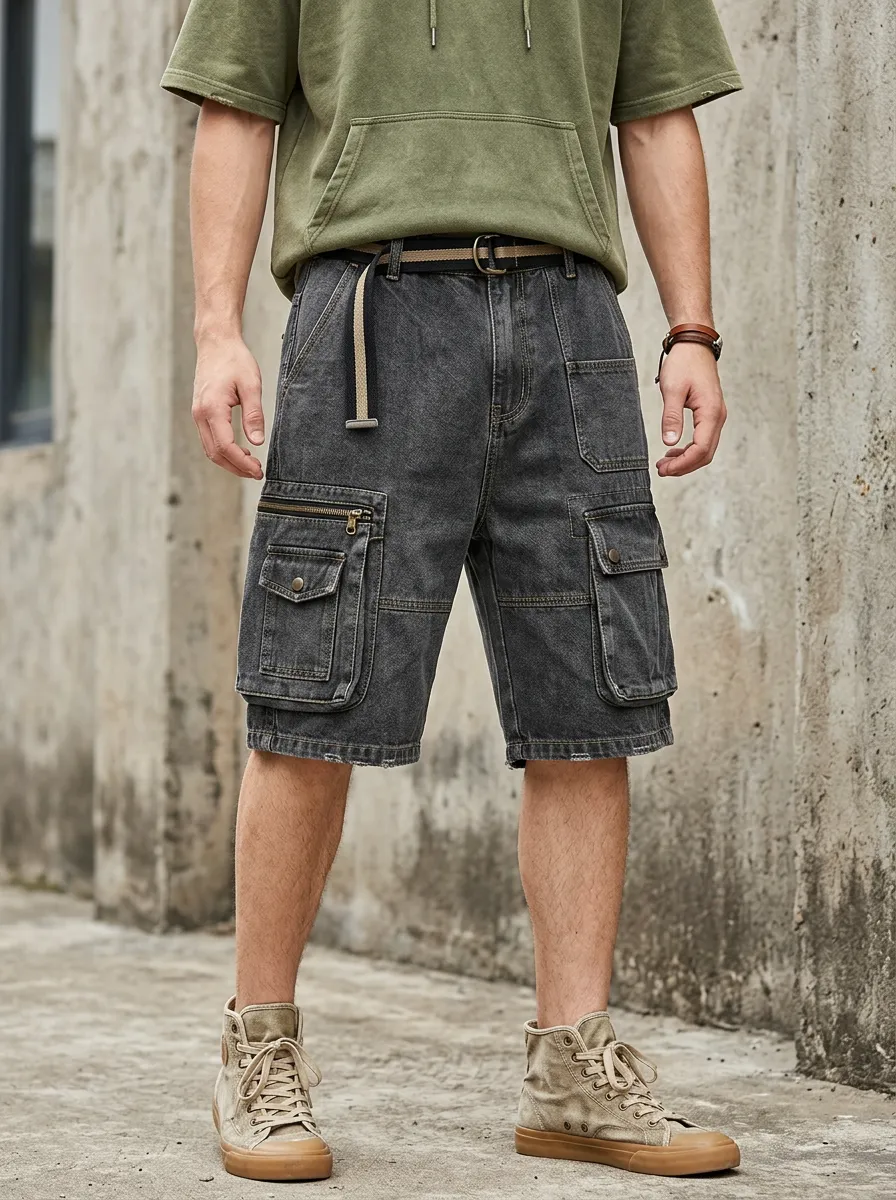 Men's Casual Streetwear Washed Denim Multi-Pocket Cargo Shorts