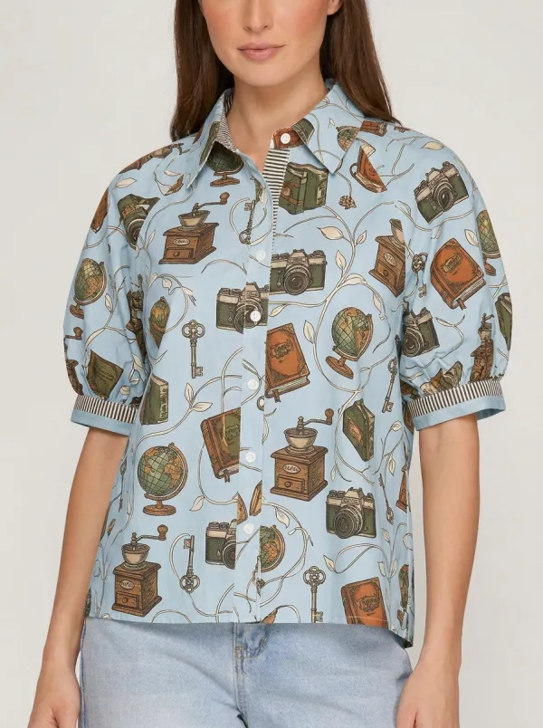Women's Vintage Hobbyist Camera Globe Book Printed Shirt