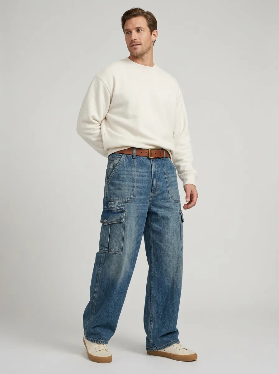 Men's Patchwork Cargo Vintage Wide Leg Jeans