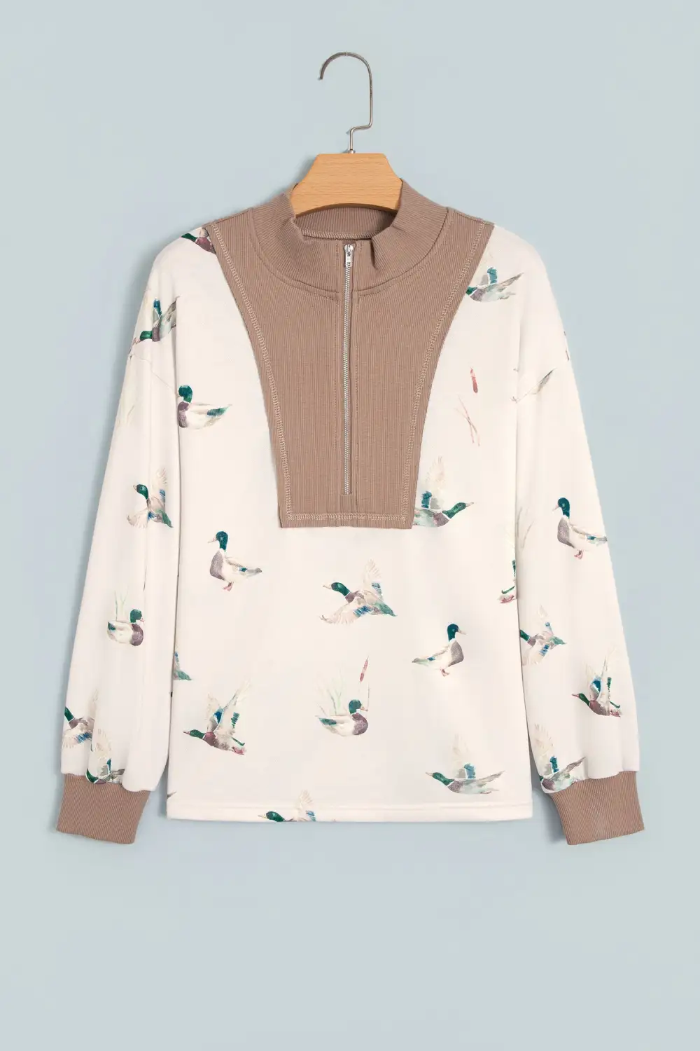 Western Print Zip Neck Ribbed Relaxed Long Sleeve Top