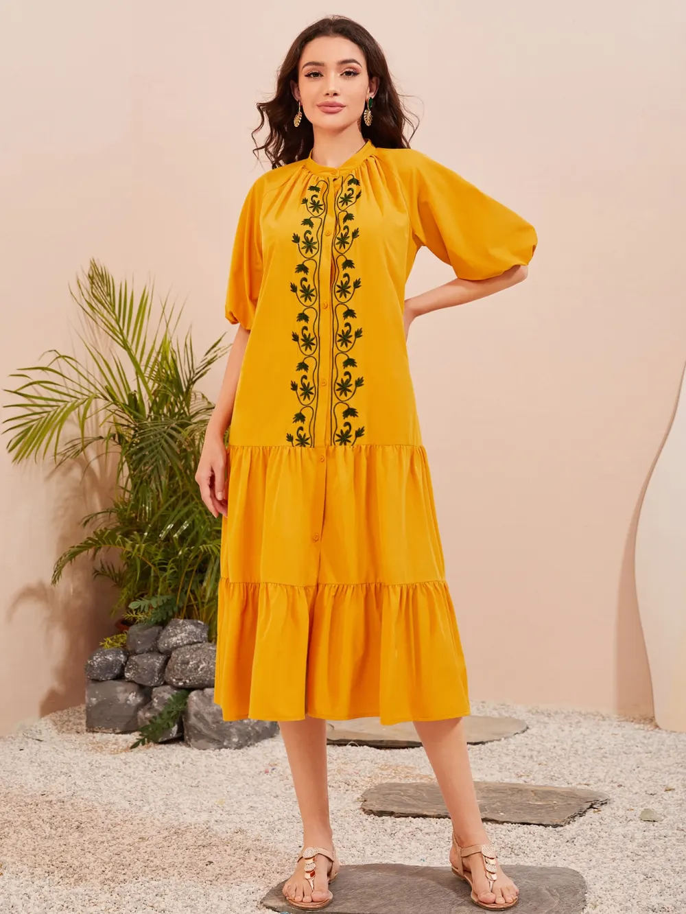 Floral Embroidery Lantern Sleeve Ruffle Hem Dress