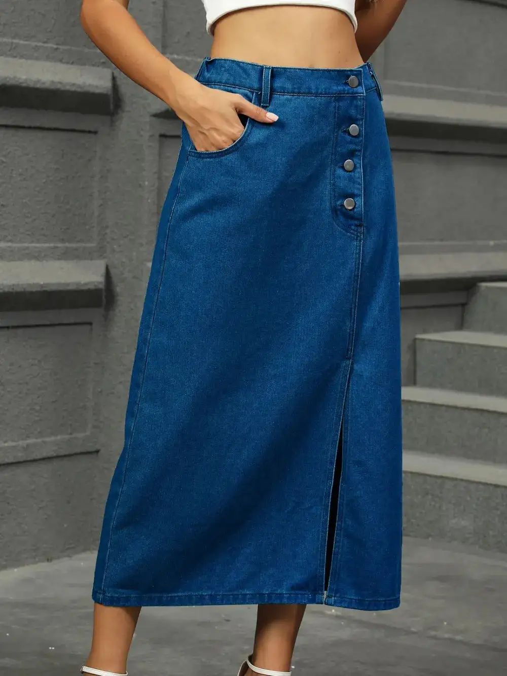 Slit Button Detail Denim Midi Skirt