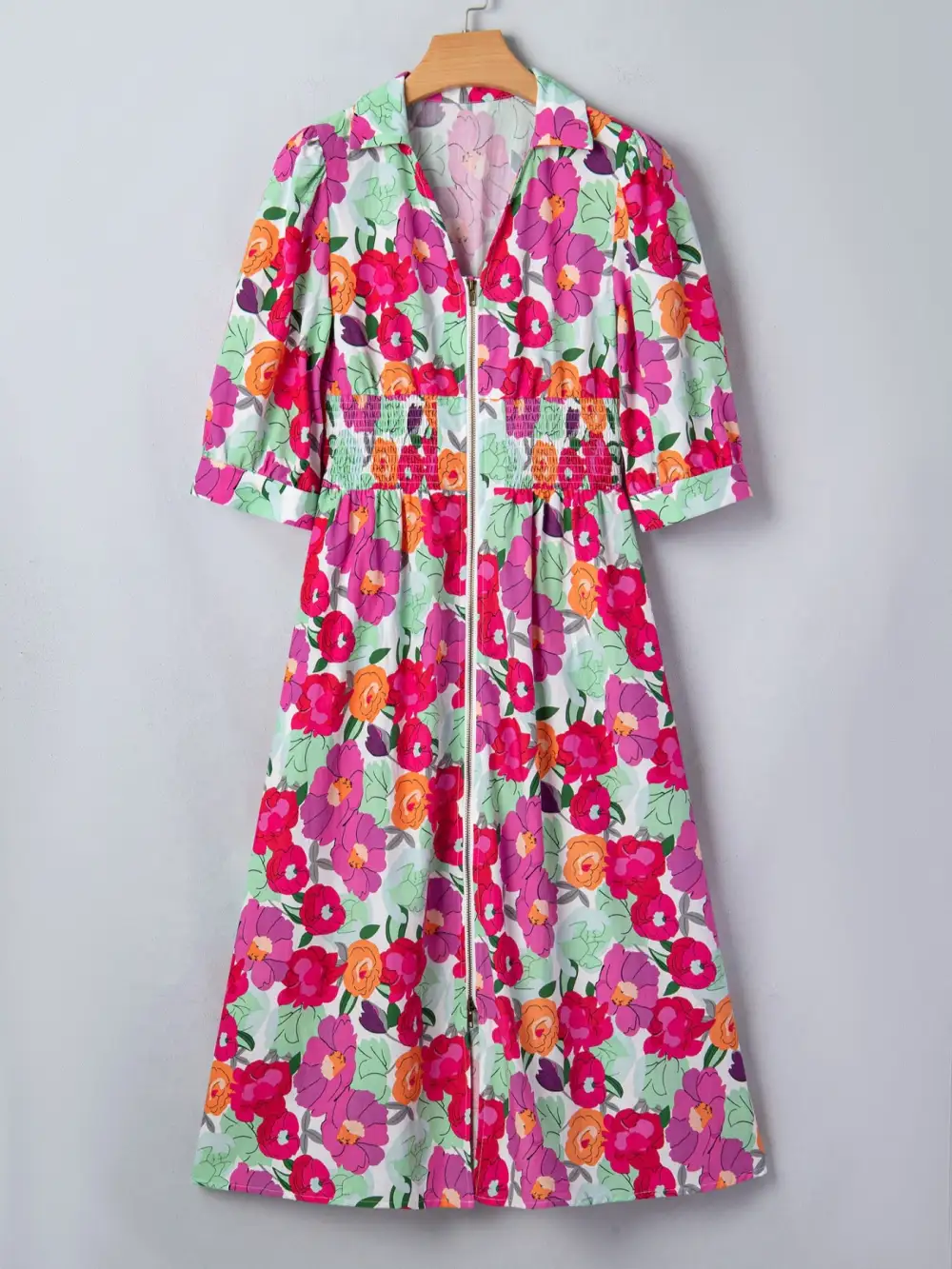 Polished Detail Floral Printed V Neck Dress