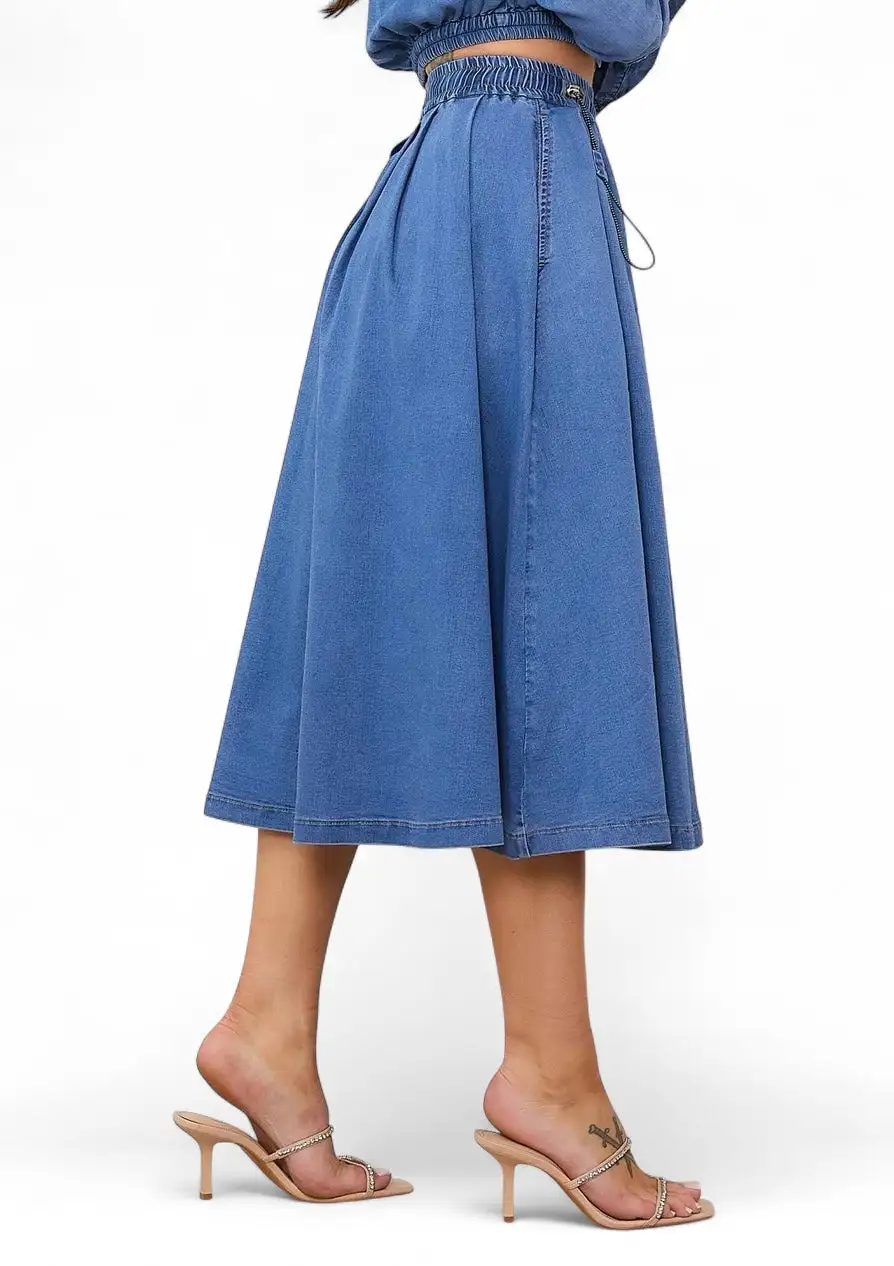 Denim Elastic-Waist Full-Length Skirt