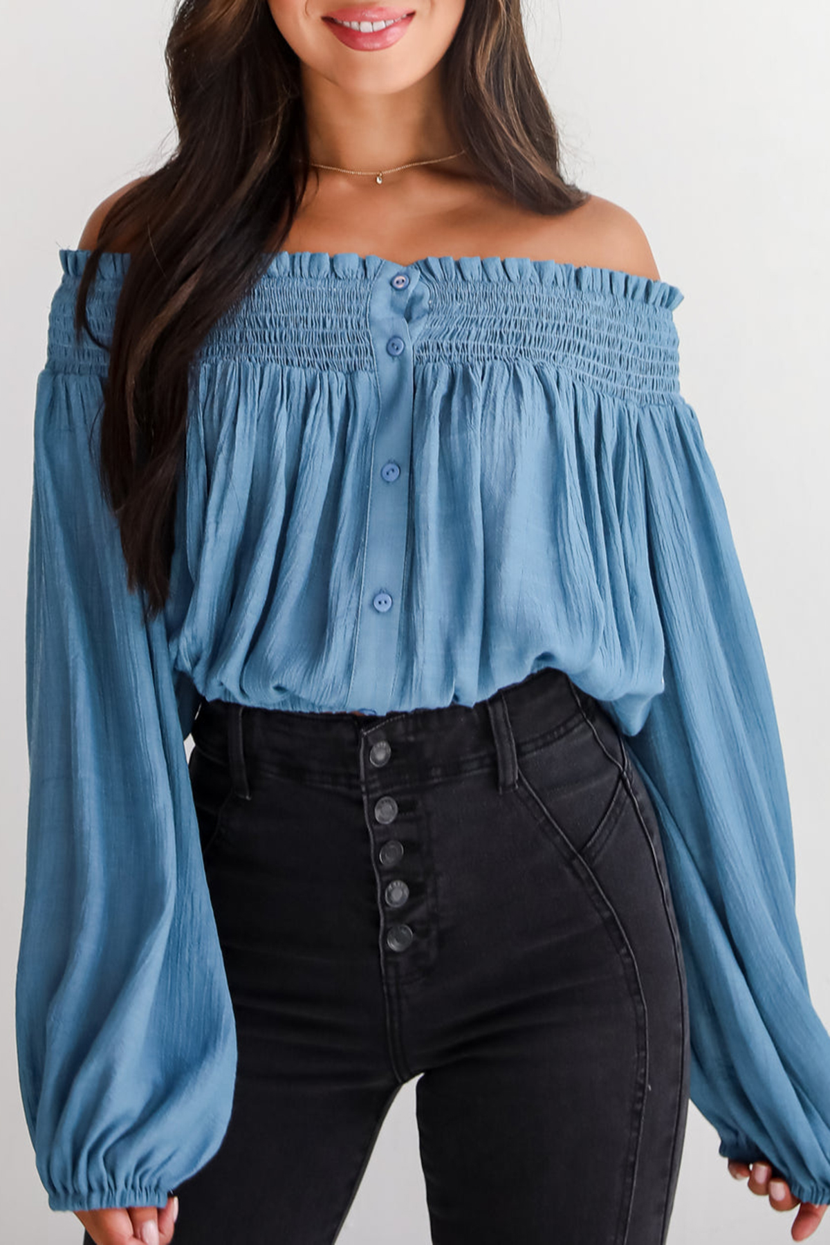 Utterly Pretty Blue Off-The-Shoulder Cropped Blouse