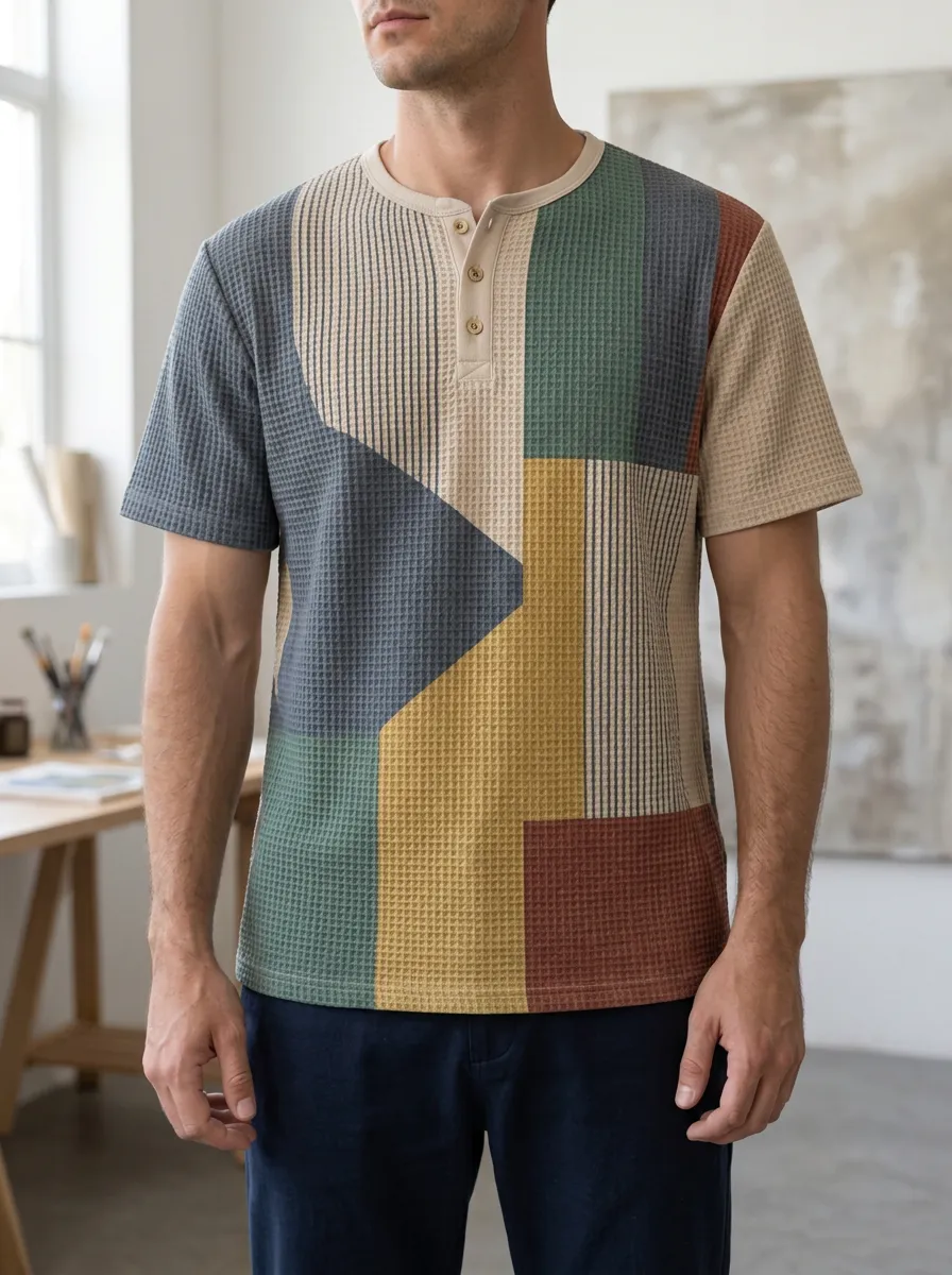 Men's Classic Geometric Colorblock Waffle Knit Henley T-Shirt