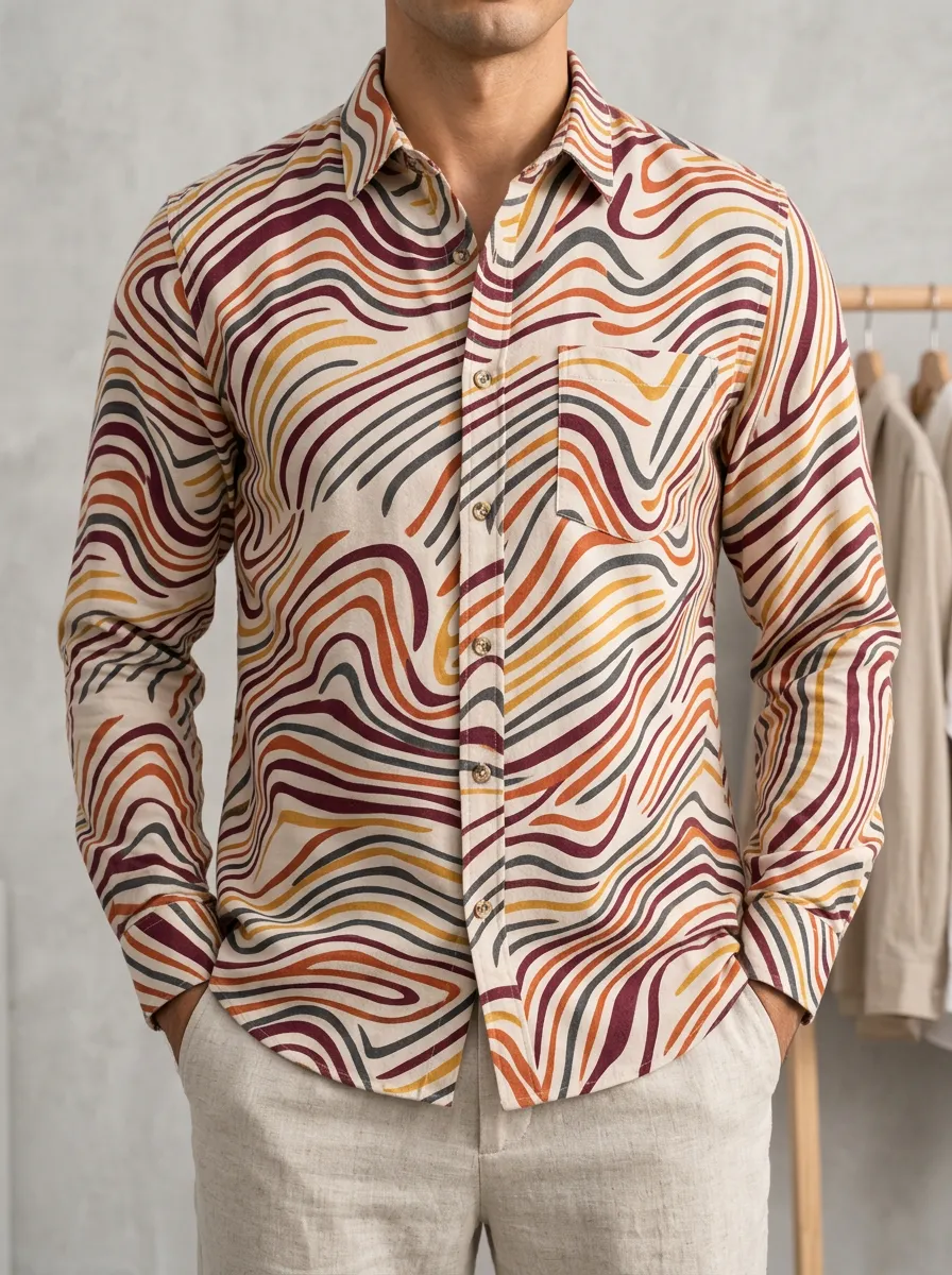 Men's Retro Print Detail Button Shirt