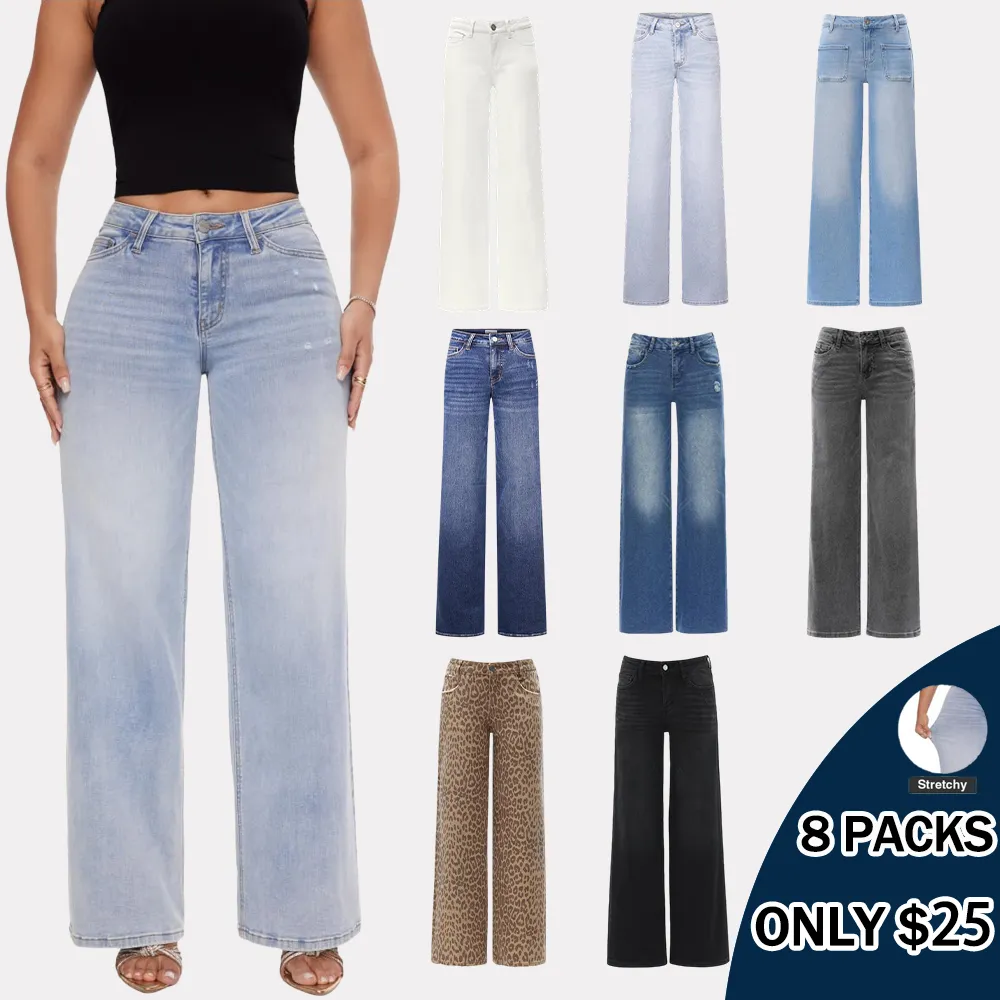 Women's Mid-Rise Baggy Jeans - Stretchy, Distressed, Comfortable Denim - Plus & Regular Sizes