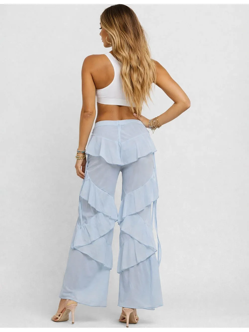 Boho Sheer Ruffle Elastic Waist Flared Leg Pants