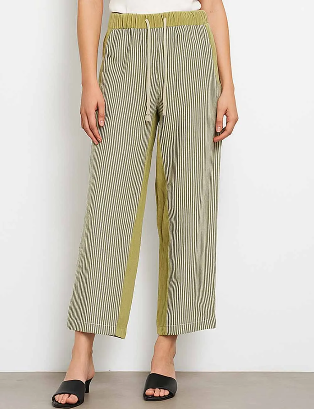 Striped Color Block Elastic Waist Tie Denim Pants
