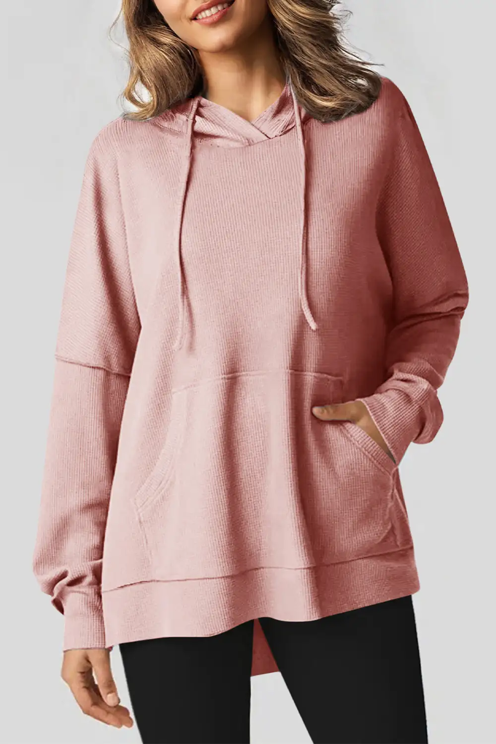 Casual Waffle Knit Fleece Lined High Low Oversized Hoodie