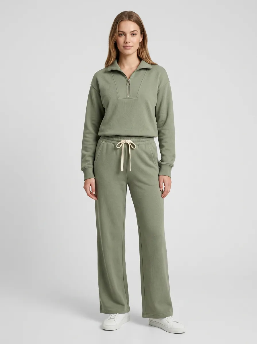 Women's Sage Green Quarter-Zip Pullover Wide-Leg Lounge Set