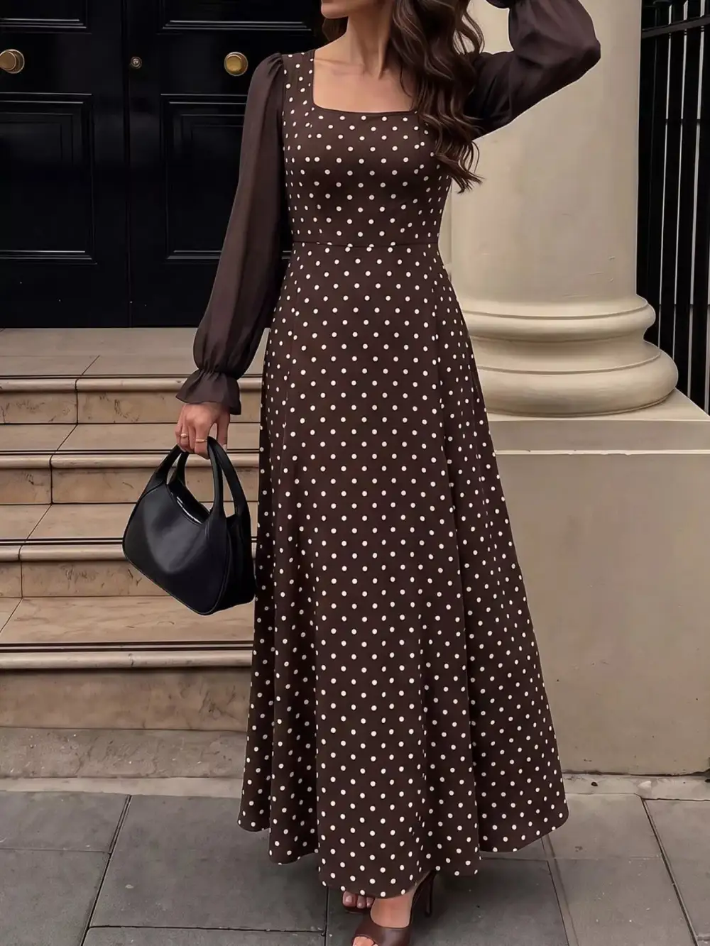 Polka Dot Square Neck Long Sleeve Maxi Dress