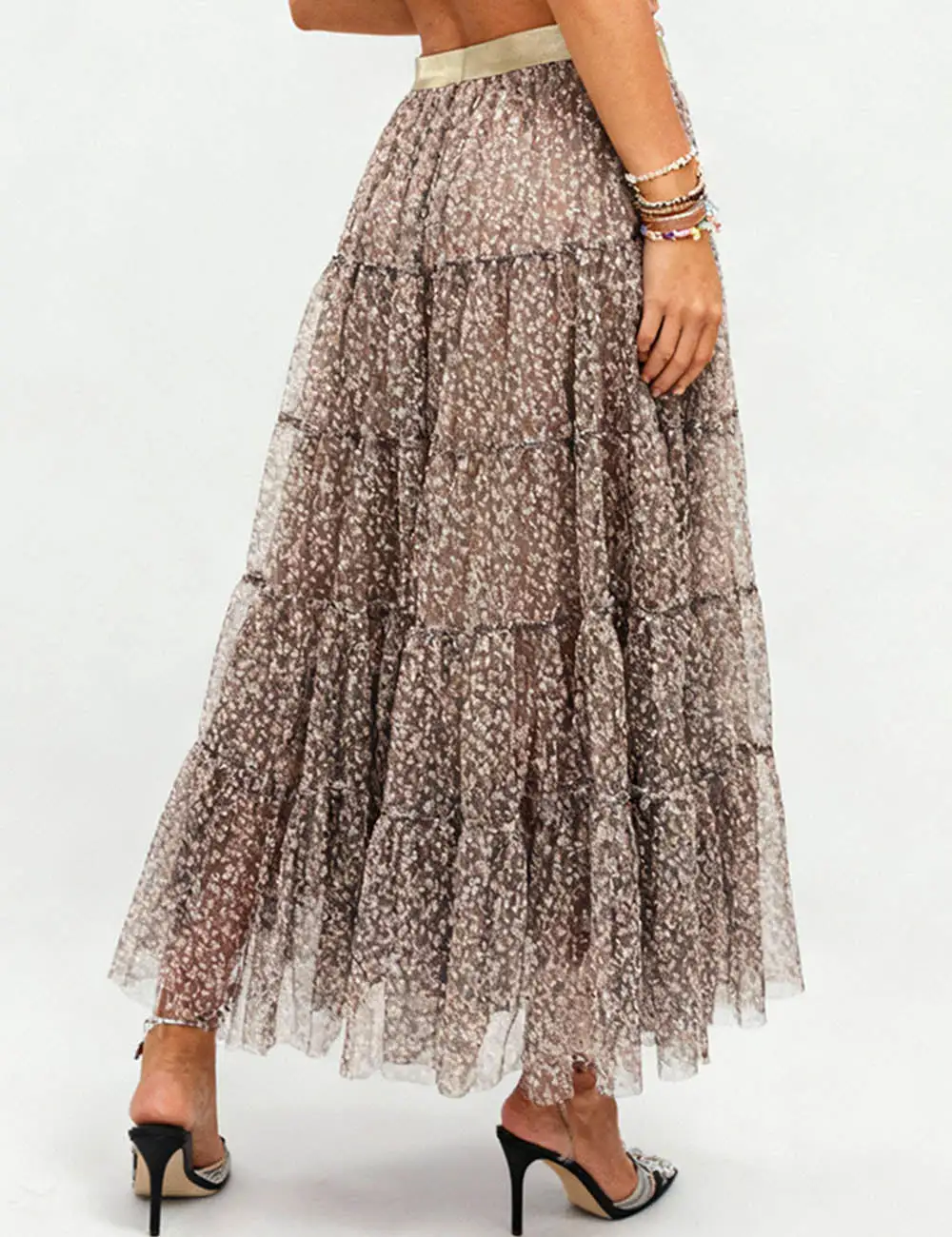 Elastic Waist Mesh Tiered Hem Maxi Skirt