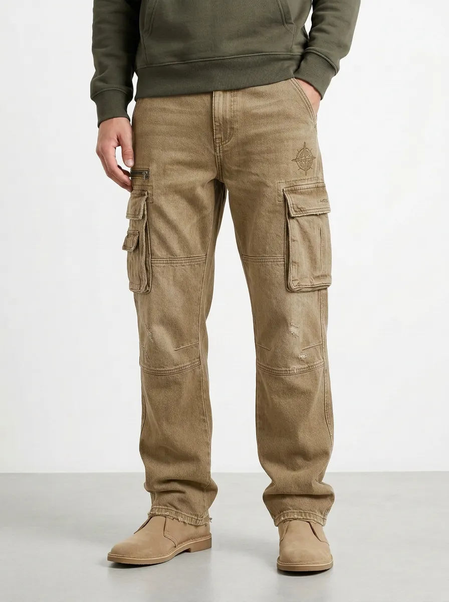 Men's Washed Grey Compass Detail Zip-Pocket Straight-Leg Denim Cargo Pants