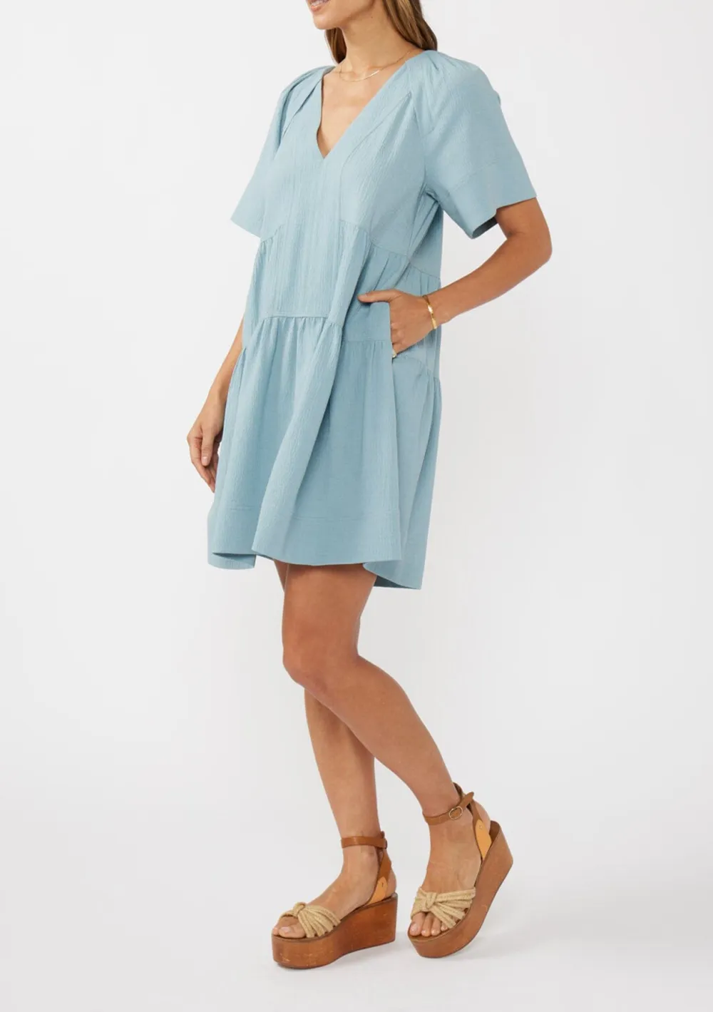 Pocketed V-Neck Half Sleeve Dress