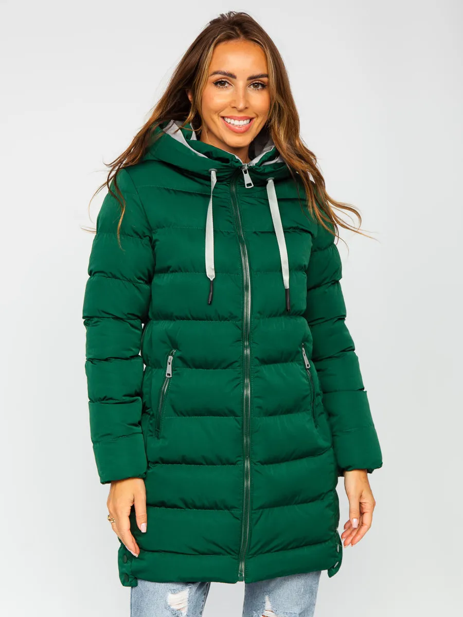 Green Women's Long Quilted Winter Jacket With Hood