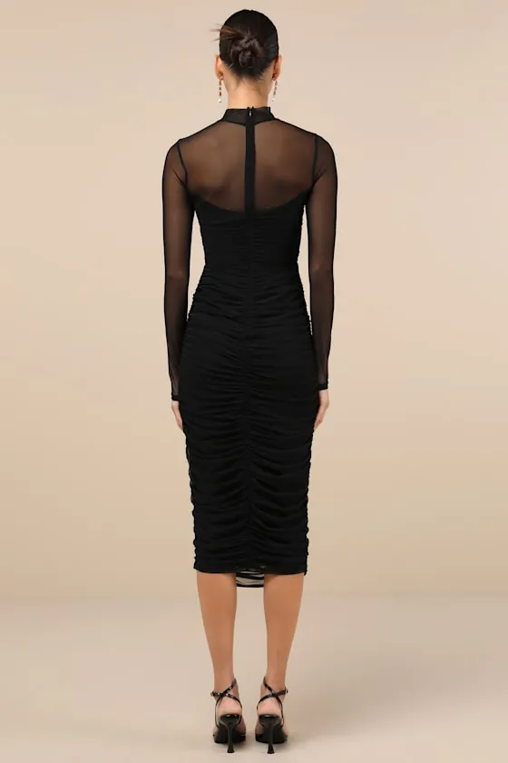 Impressive Flirt Black Mesh Ruched Mock Neck Midi Dress
