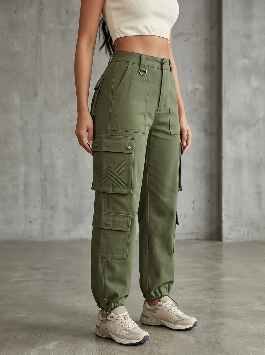 Flexible Embroidered Detail Multi Pocket Style Women's Multi Pocket Cargo Pants