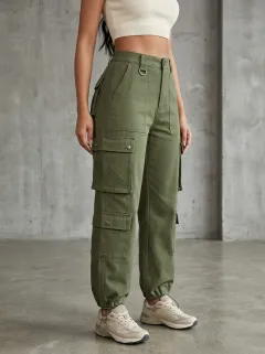 Flexible Embroidered Detail Multi Pocket Style Women's Multi Pocket Cargo Pants